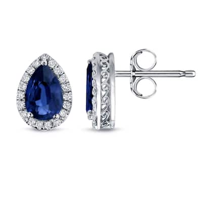 Auriya 14k Gold 2ct Pear-cut Blue Sapphire Halo Diamond Stud Earrings 1/3ct TDW