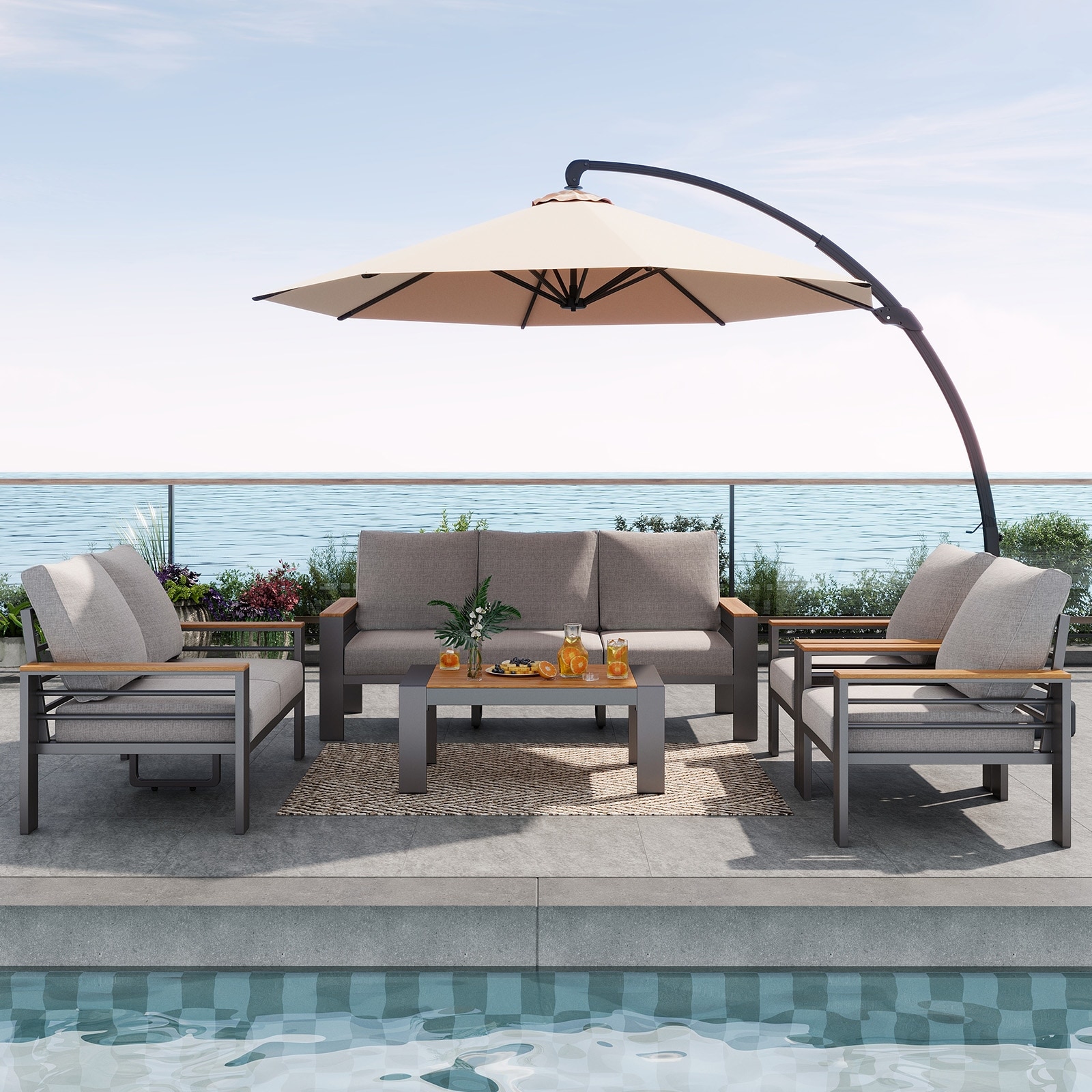 kontiki 7 piece outdoor patio set with umbrella Kingdom HDPE 7-Piece Dining Armchairs, White impact polystyrene Acacia Wood 7-Piece Patio Dining