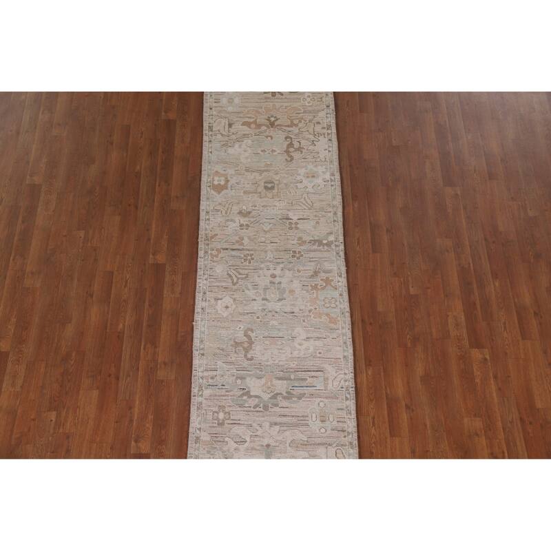 Hand Knotted Oriental 100% Wool Carpet Transitional All-Over Beige & Ivories Oushak Runner Rug - 13' 4'' X 2' 5''