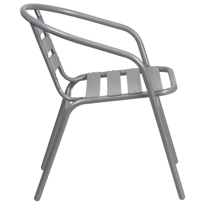 31.5" Round Glass Metal Table with 4 Metal Aluminum Slat Stack Chairs