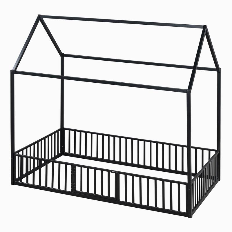 Creative House Design Twin/Full Size Metal Bed with Guardrails and Playful Fence - Ideal for Kids' Bedroom