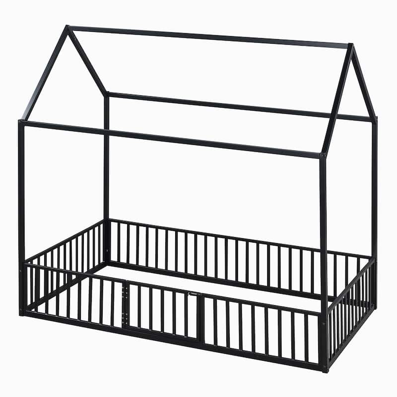 Twin Size House Design Platform Bed, Metal Floor Bed Frame with Fence, Door and Roof for Children, Boys and Girls