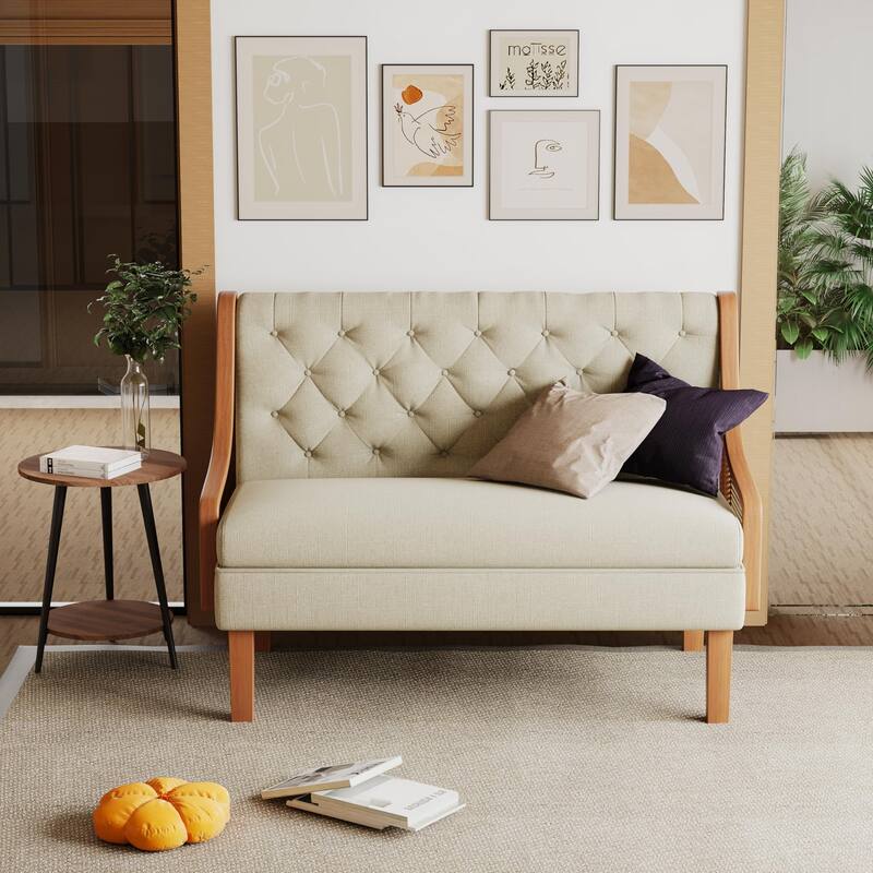 Andeworld Loveseat Settee Bench with Natural Rattan Arms, Upholstered Modern Mini Sofa Couch,Banquette Dining Bench Love Seat