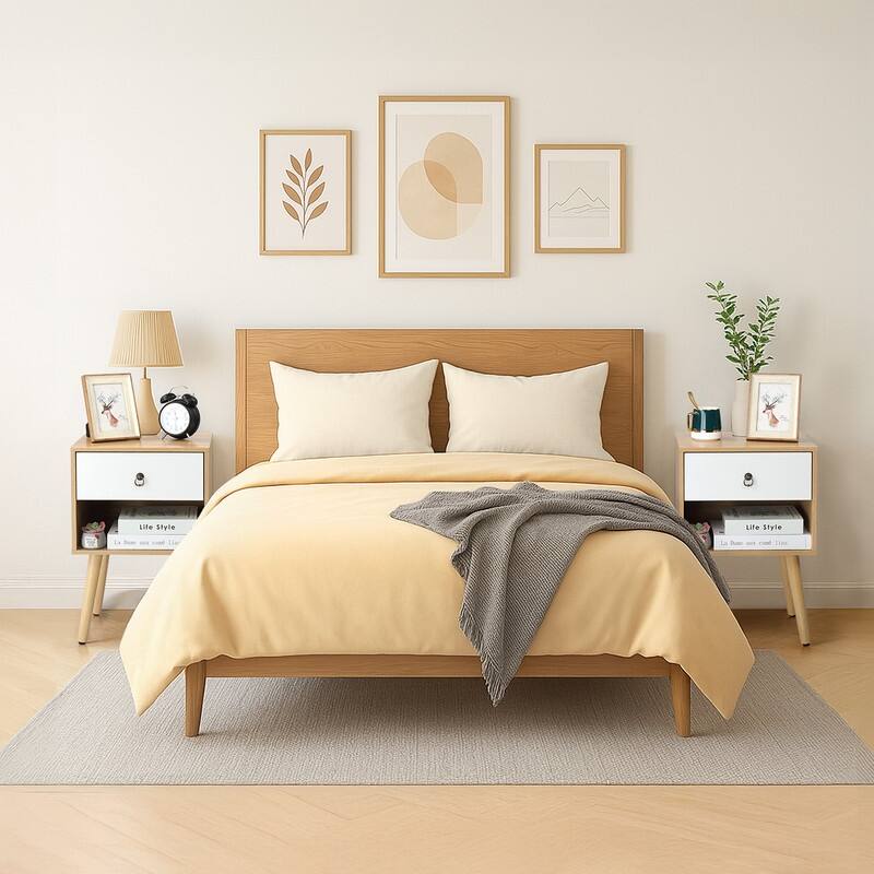 15.0" White & Oak Nightstand, P2 Particleboard & Solid Legs, Matte Melamine, Ring Handle, 1 Drawer