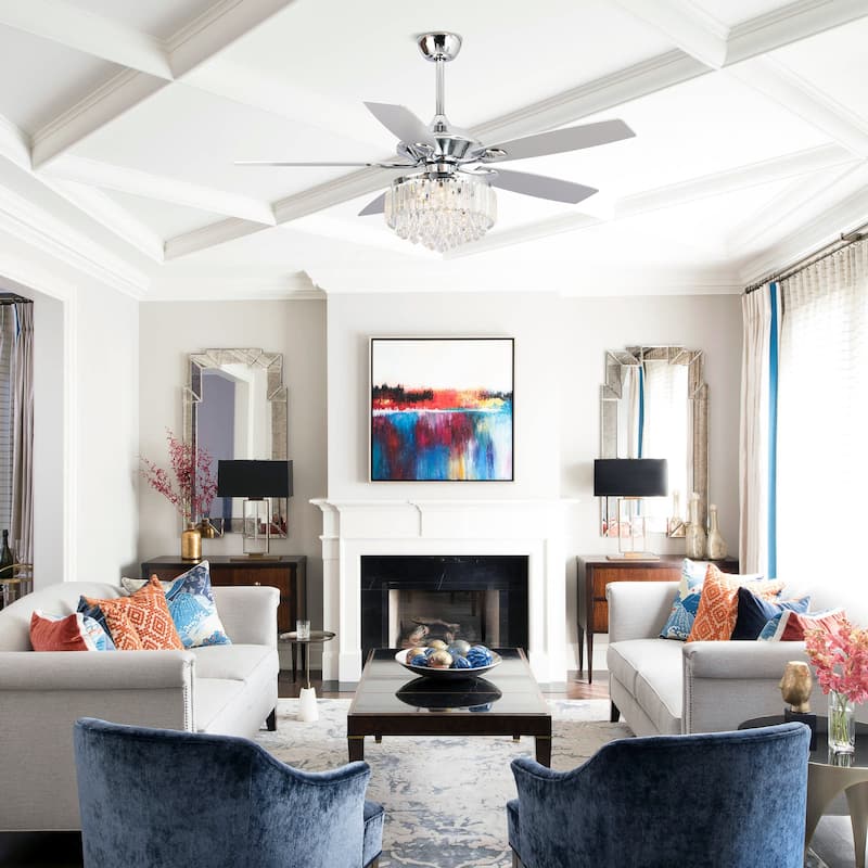 52" Chrome Downrod Mount Crystal Chandelier Ceiling Fan with Light and Remote Control - 52 in. W X 52 in. D X 20.5 in. H