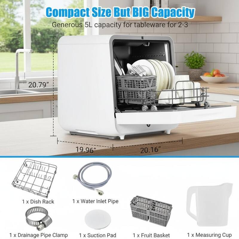 Portable Dishwasher Countertop, 6 Washing Programs, with LED Display & Touch Control