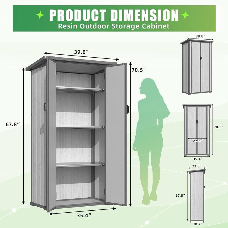 AECOJOY Tall Resin Outdoor Storage Cabinet Waterproof with Adjustable Shelves, Vertical Plastic Storage Shed with Floor