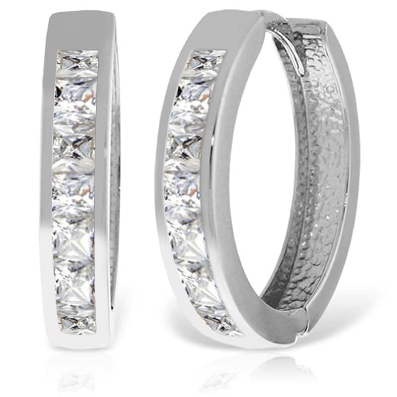 14K Solid Gold Hoop Huggie Gemstone Earrings w/ Natural White Topaz - White