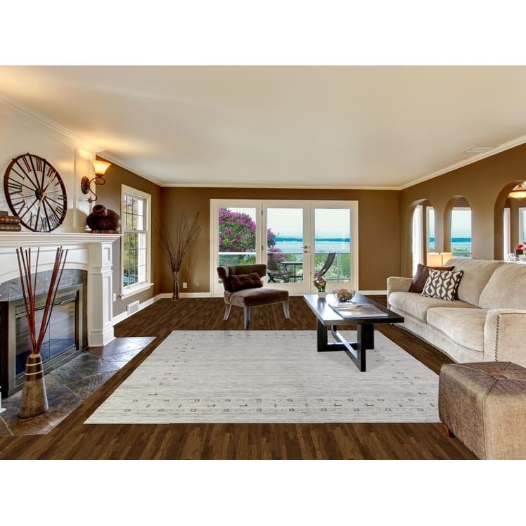 Tribal Gabbeh Indian Area Rug Hand-Knotted Beige Modern Wool Carpet - 8'3" x 9'11"