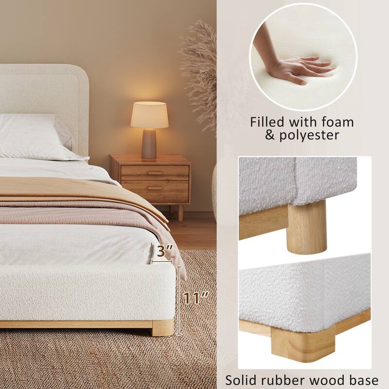 White Platform Bed Wingback Frame with Boucle Upholstered Curved Headboard, Solid Wood Base Low Profile Bed
