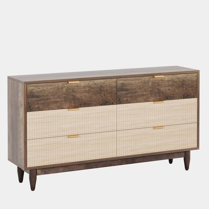 Modern Wooden 6 Drawer Dresser with Unique Arched Design Storage Chest for Bedroom and Hallway - Vintage Brown