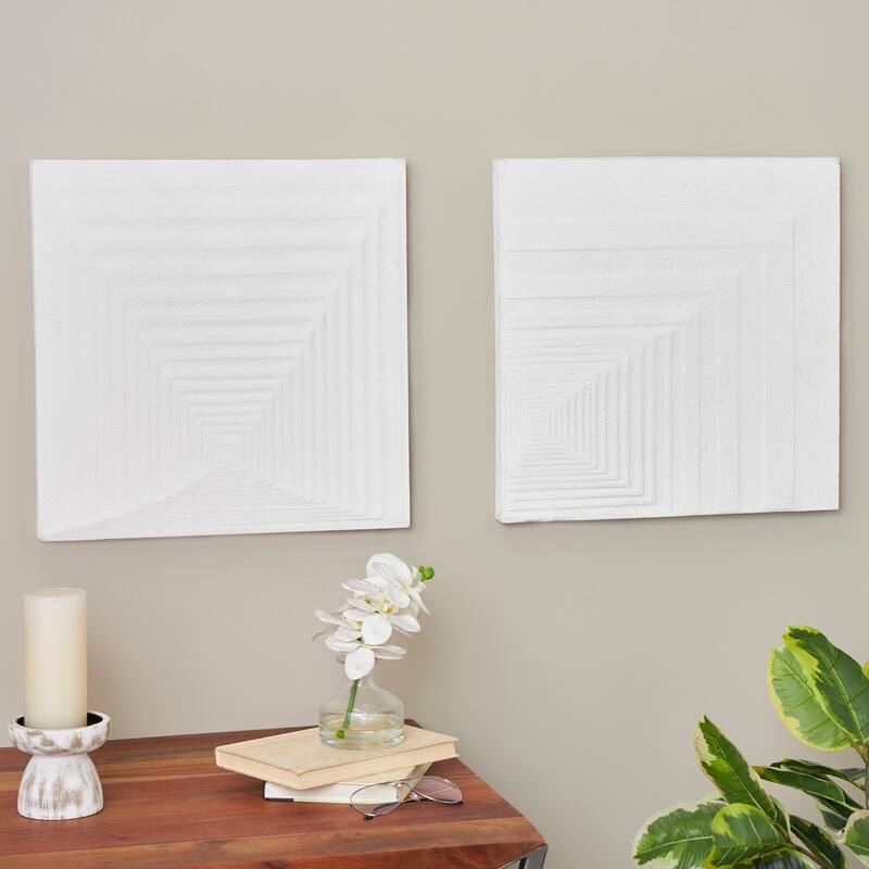 Metal Geometric Layered Square Cube Perspective Wall Decor with Sandstone Texture - Set of 2 Cream - Roche River Decor