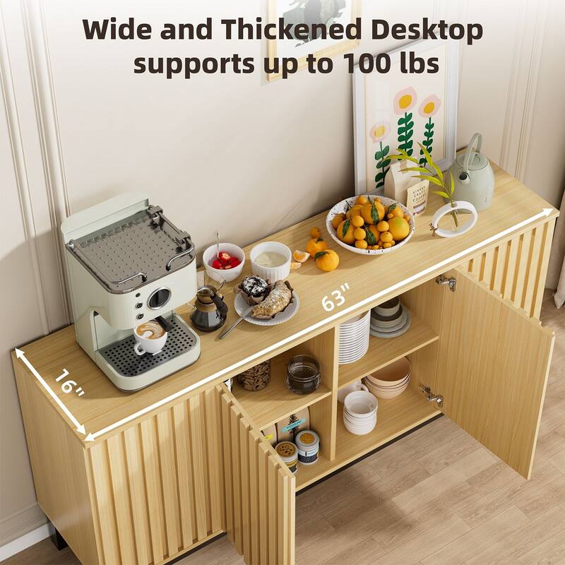 Fluted Sideboard Buffet Cabinet with 4 Doors, Modern Storage Credenza with Adjustable Shelves for Dining Room & Entryway