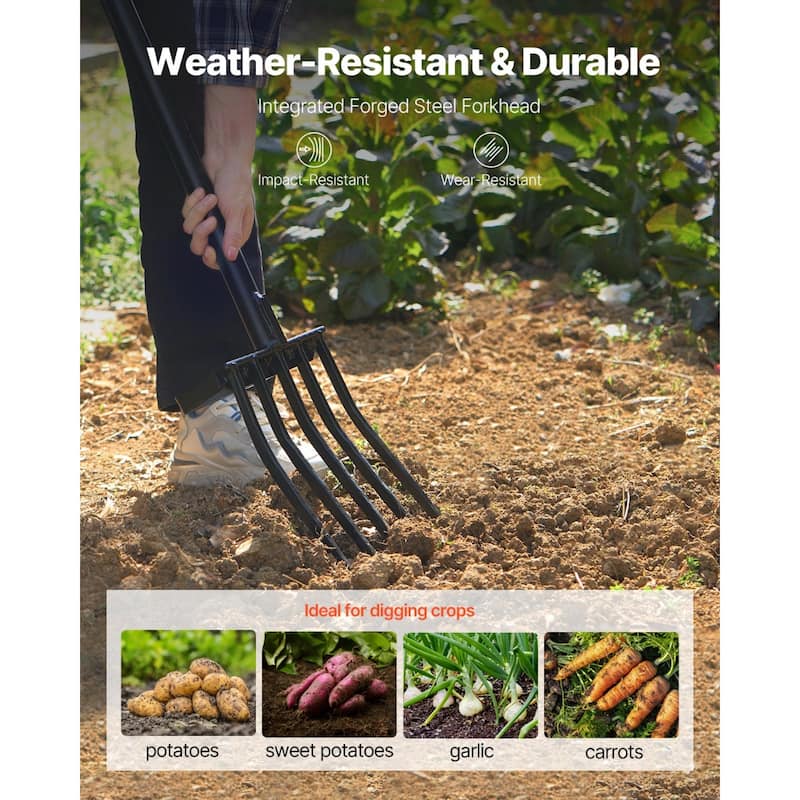 Black Steel Gardening Fork with Forged Head, Ergonomic Non-Slip Handle and Easy Assembly - 41.34 in x 6.69 in