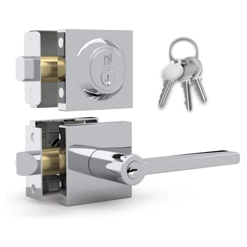 Mega Handles PRIME Flat Entry Door Lock Lever and Square Single Cylinder Deadbolt Keyed Combo | Reversible Handle Set