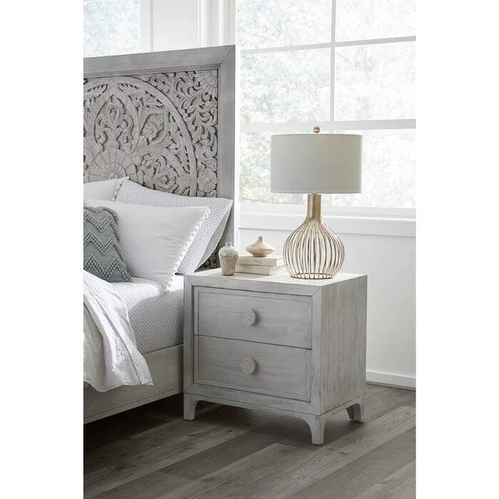 Trilby rustic Carved Platform Bed in Washed White