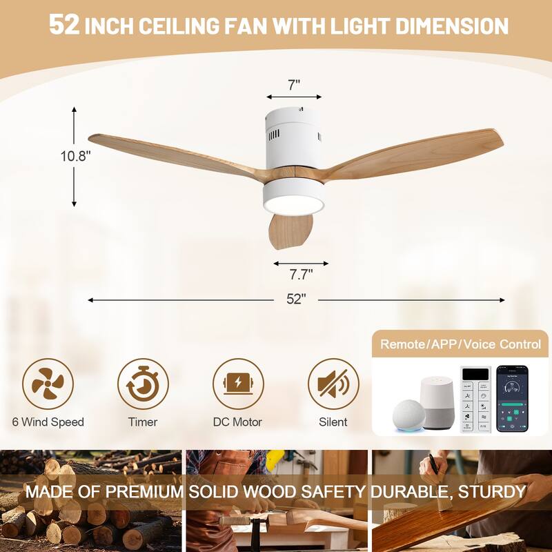Sofucor 52 Inch Noiseless Flush Mount Ceiling Fan with Remote/Smart App Control,Dimmable Lights Optional,Reversible Motor