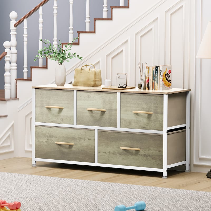 Modern Wide Dresser Storage Tower with 5 Drawers - Light Wood