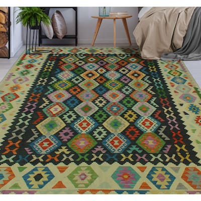 Hand-Woven Sangat Kilim Lizzie Charcoal/Ivory Rug - 8'3" x 11'1"