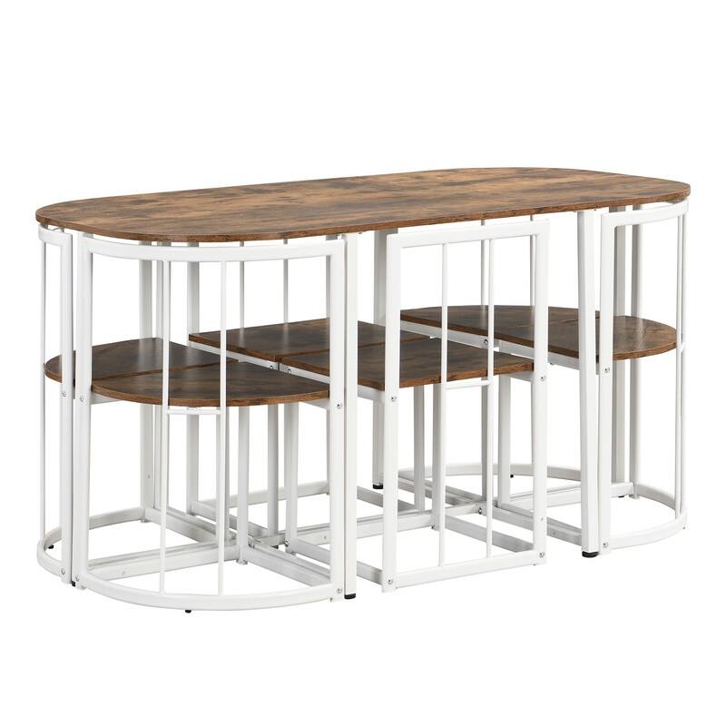 Mid-Century 7-Piece Dining Table Set for 6 People, Kitchen Dining Room Table Set with Faux Marble Dining Table and 6 Chairs