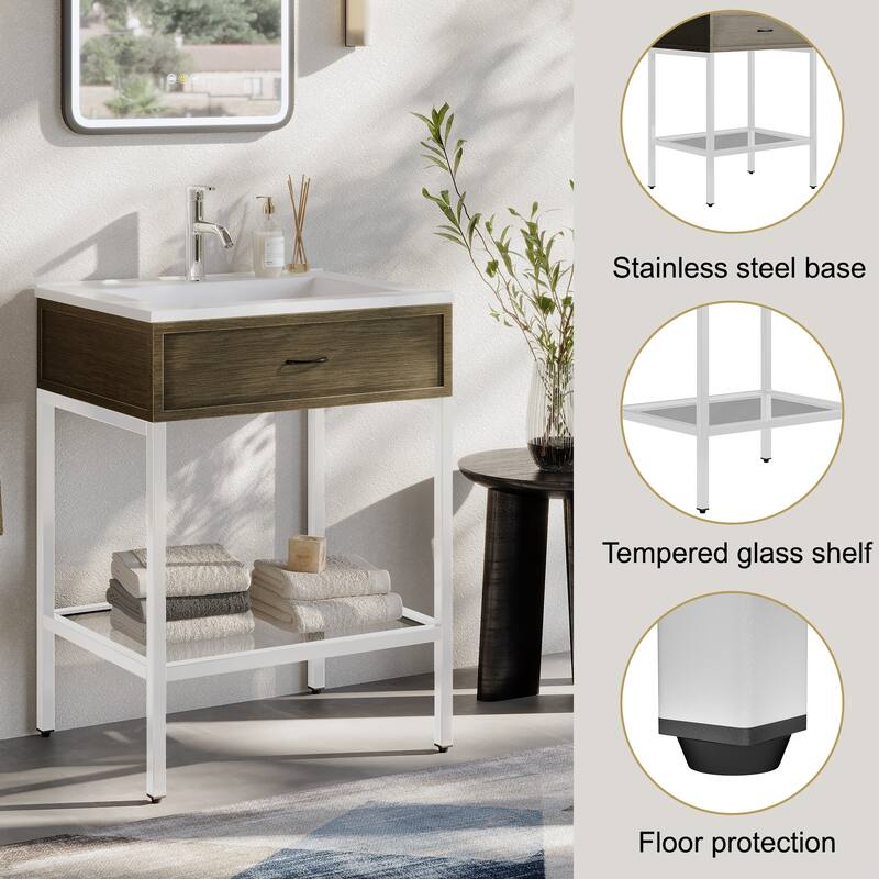 Ansel Freestanding Bathroom Vanity with Single Sink, One Glass Shelf, Metal Legs