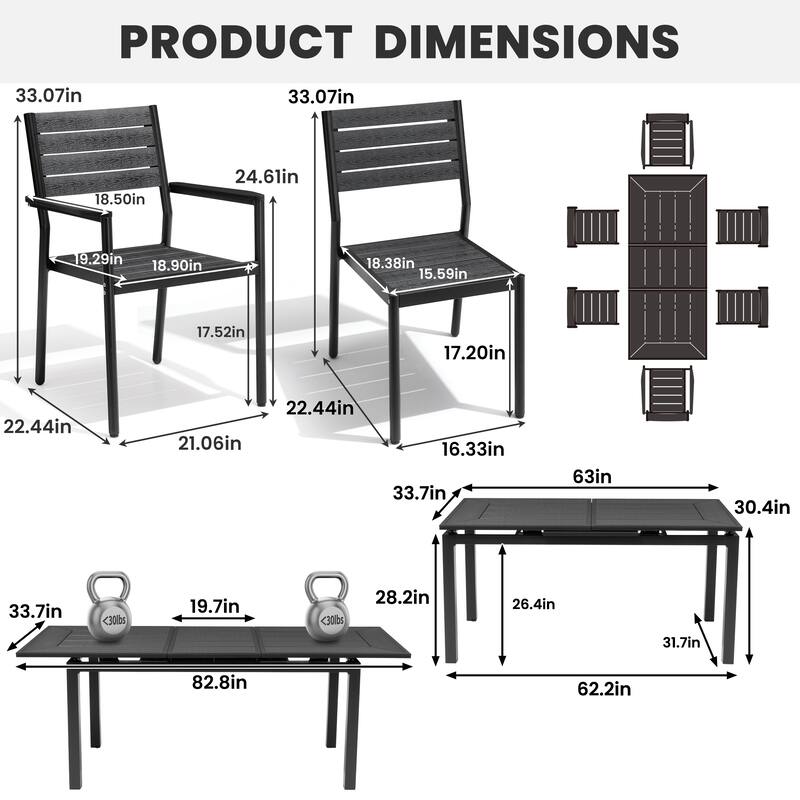 7-Piece Set Extendable Outdoor Aluminum Dining Table with Stackable Chairs