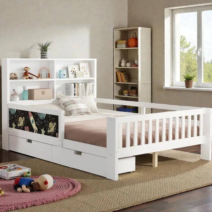 Twin/Full Solid Wood Platform Bed with Chalkboard Headboard, Storage Drawers and Shelves, Space-Saving Kids Bed