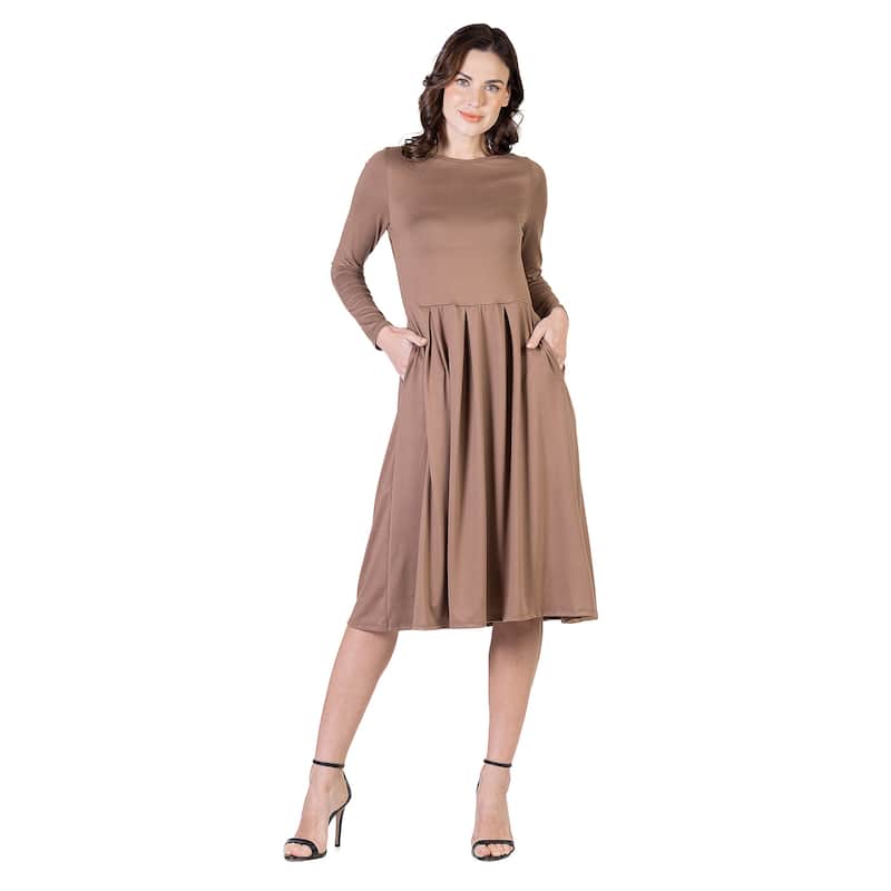 24seven Comfort Apparel Midi Length Fit N Flare Pocket Dress - Beige - S