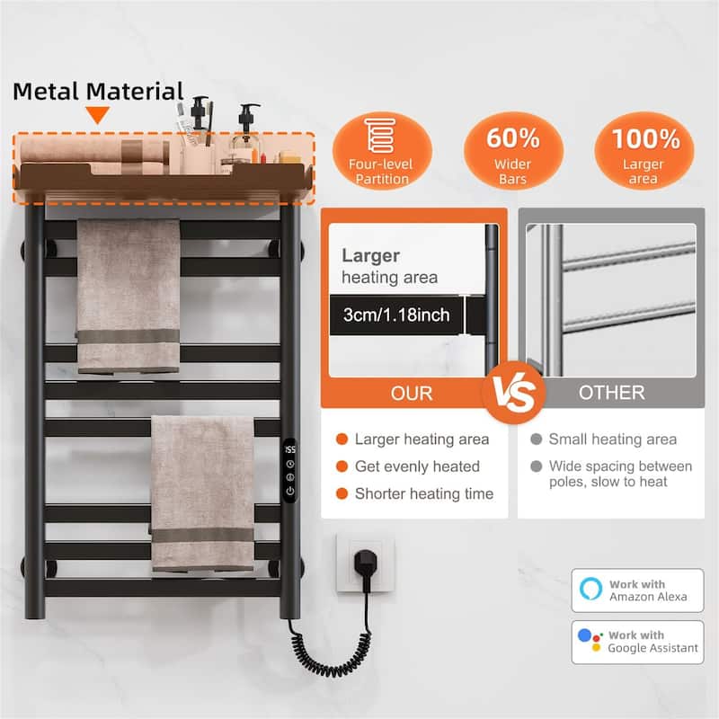 Heated Towel Rack with Shelf and Wi-Fi App Control