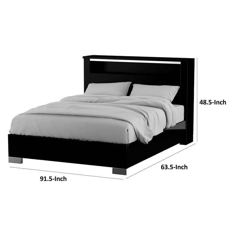 Cari Queen Size Bed, LED Bookcase Headboard, Black and Chrome