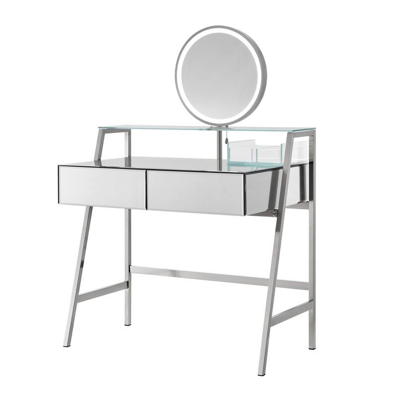 HomeRoots 34" Silver Mirrored Glass and Stainless Steel Two Drawer Vanity Table With Mirror And Lights