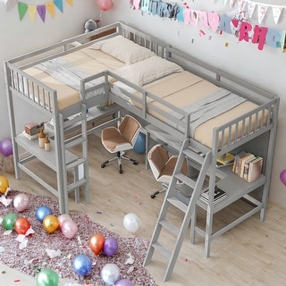 Twin Size L-Shaped Loft Bed With Ladder And 2 Built-in L-Shaped Desks