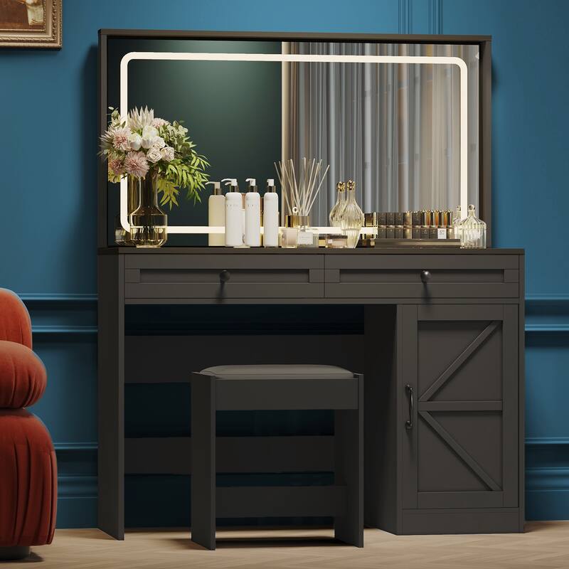 Roomfitters Farmhouse Vanity Desk with Hollywood Makeup Mirror and Lights, Vanity Table with Barn Door with 2 Drawers - Black
