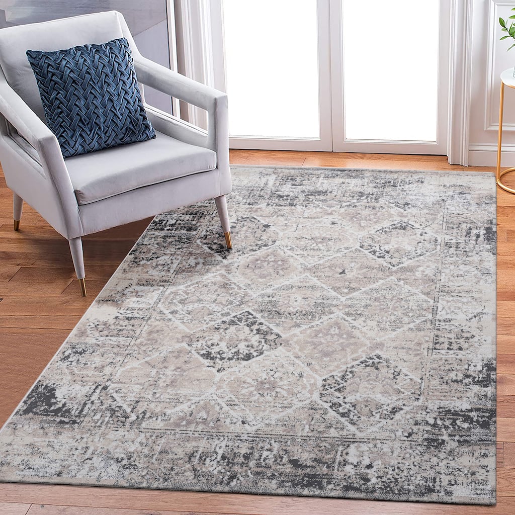 Roomfitters 8x10 Machine Washable Boho Vintage Area Rug, Non-Slip Pet Friendly Indoor Living Room Decor Carpet - Cream - 8' x 9'