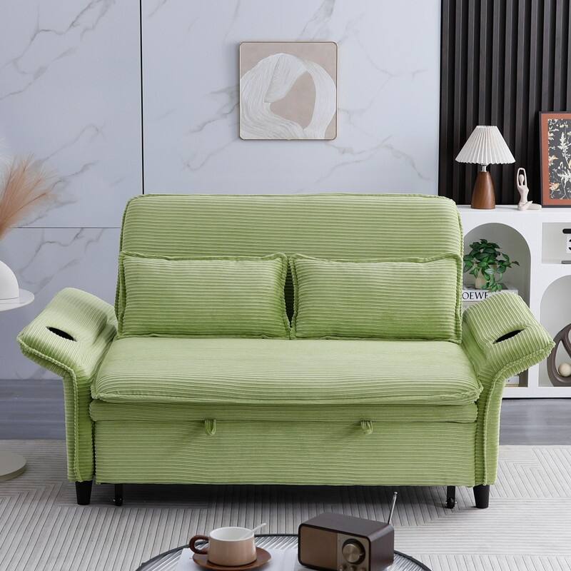 65.7" Corduroy Upholstered Pull-out Sofa With Cup Holder