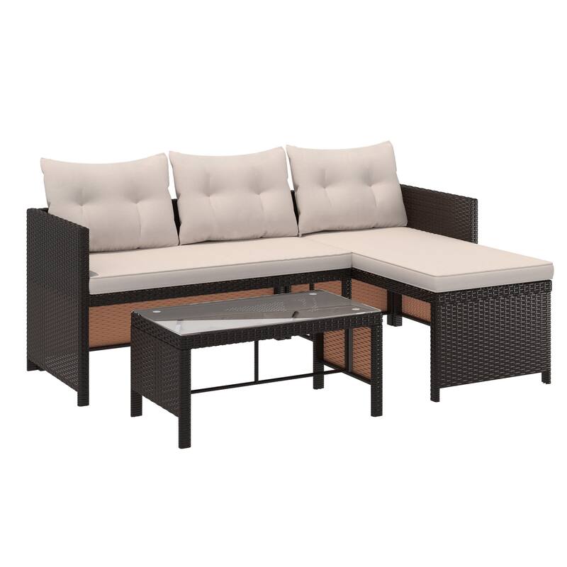 EROMMY 3-Piece Outdoor Patio Furniture Set, All-Weather PE Rattan Sofa Set with Glass Table & Cushions, Perfect for Balcony