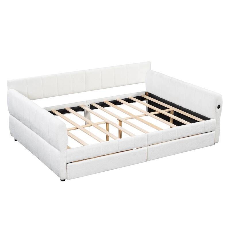 Queen Upholstered Platform Bed Frame with Lambswool Fabric, USB Charging Port, Side Storage Drawers, and Armrest Design