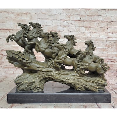 Eight Running Imitative Horses Bronze Sculpture On Marble Base By Milo