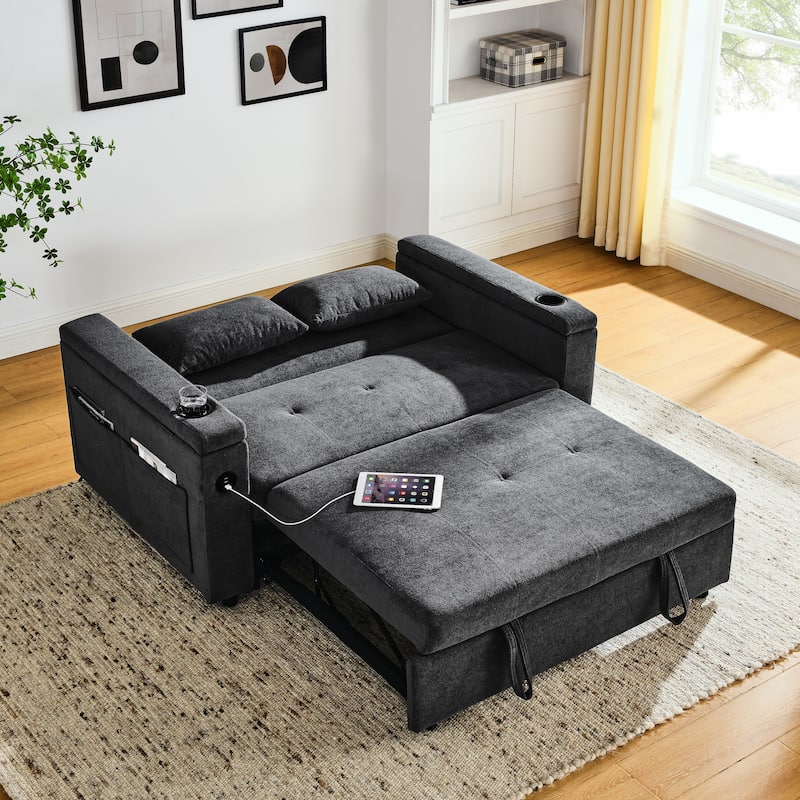 54" Pull-Out Sleeper Sofa Bed Double Seat Recliner Sofa Bed with Armrests with Storage and Side Pockets, Adjustable Backrest and