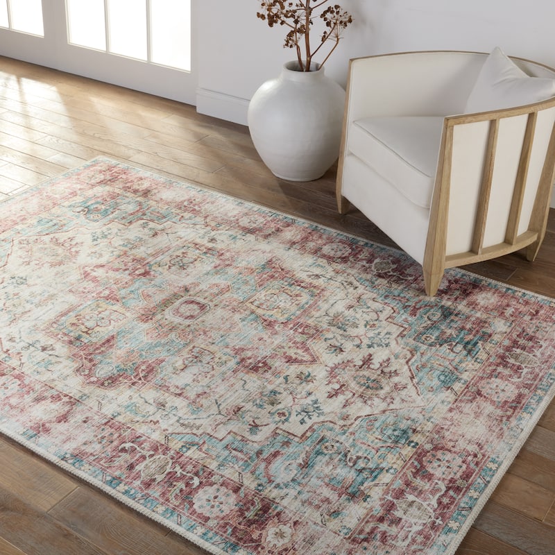 Vandran Machine Washable Medallion Dark Red/ Teal Area Rug