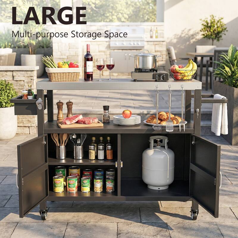 Pocassy Outdoor Grill Cart Table for Kitchen Prep and BBQ Island Table with Wheels.