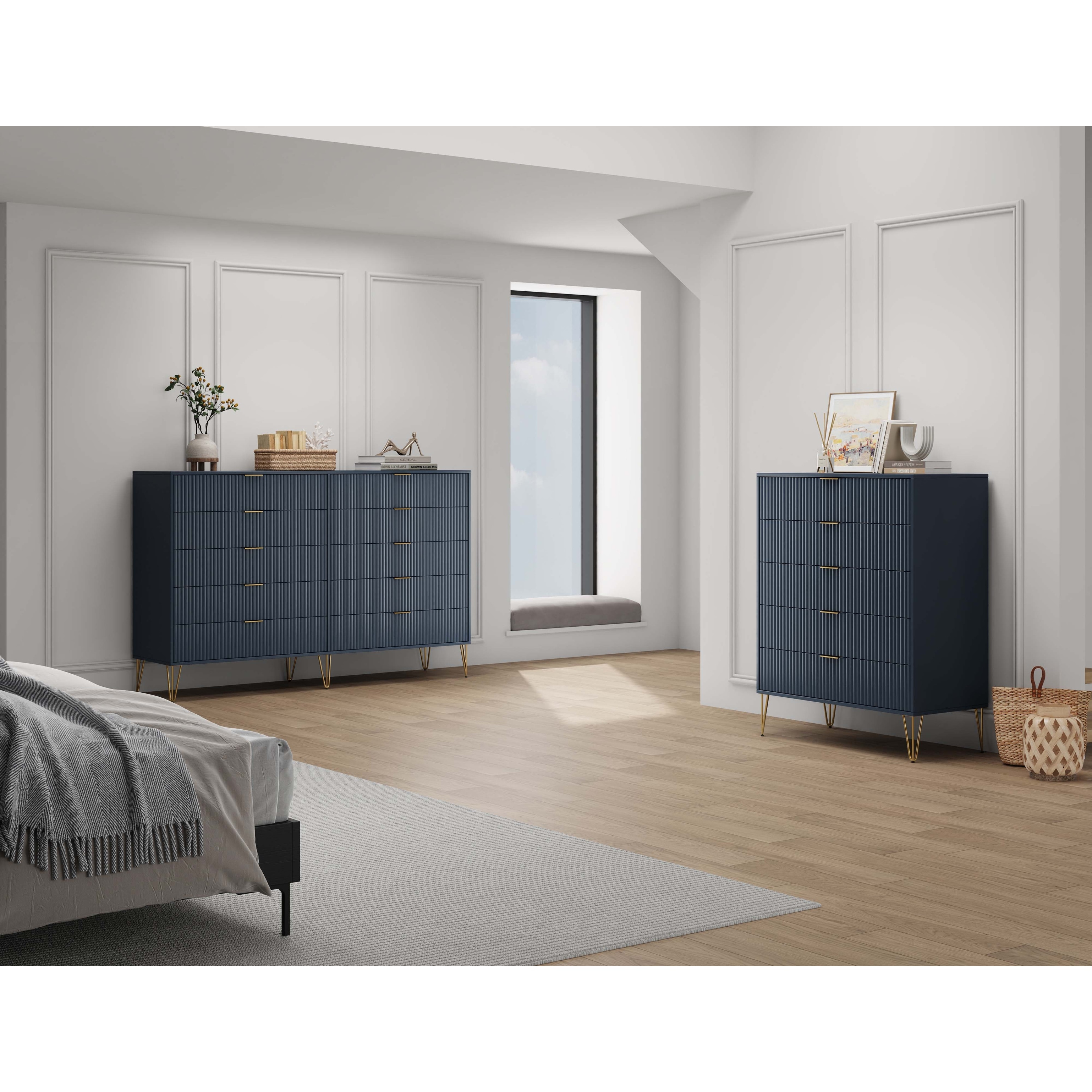 Manhattan Comfort2-Piece DUMBO Modern  5-Drawer Tall Dresser and DUMBO Modern 3-Drawer Standard Dresser in Golden Brown
