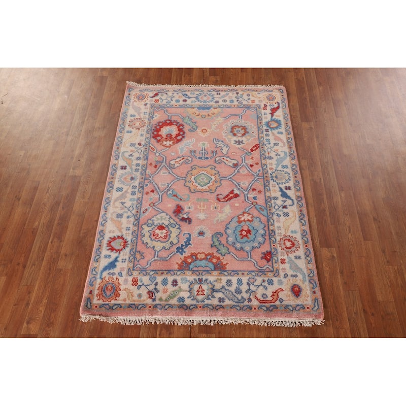 Floral Oushak Oriental Area Rug Hand-Knotted Wool Carpet - 4'0"x 5'9"