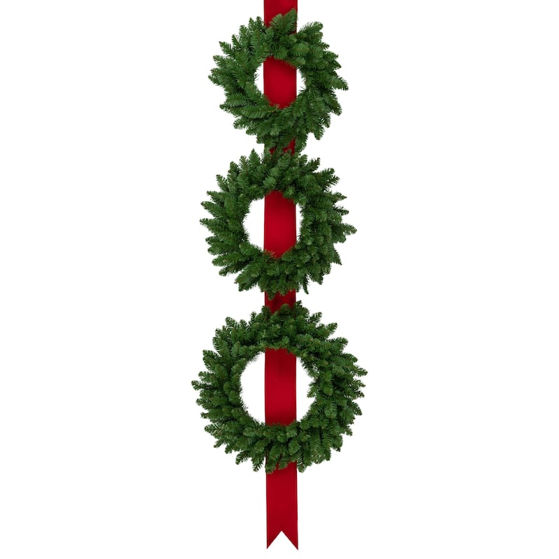 Set of 3 Wreaths on Red Ribbon Hanging Christmas Decoration 6.5'