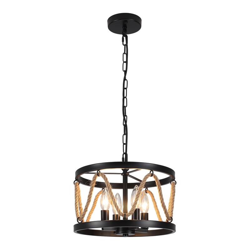 4-Light Circle Rustic Hanging Candlestick Linear Chandelier Lighting Fixture for Kitchen Island - Black