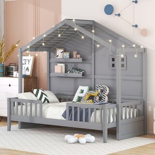Twin Size House Bed with Storage Shelves and Rails Wood Kids