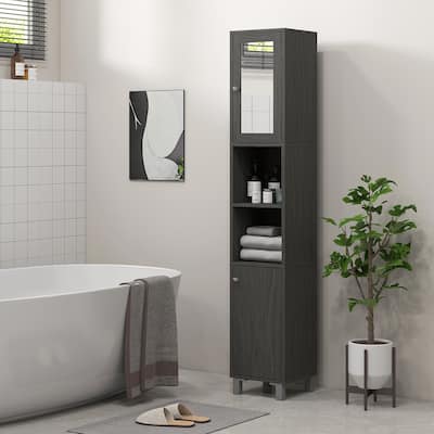 Distressed Grey Particleboard Bathroom Floor Cabinet with Mirror Door - 11.75" W x 11" D x 70.75" H