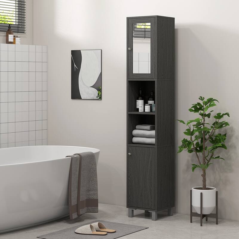 Kleankin Tall Bathroom Storage Cabinet With Mirror