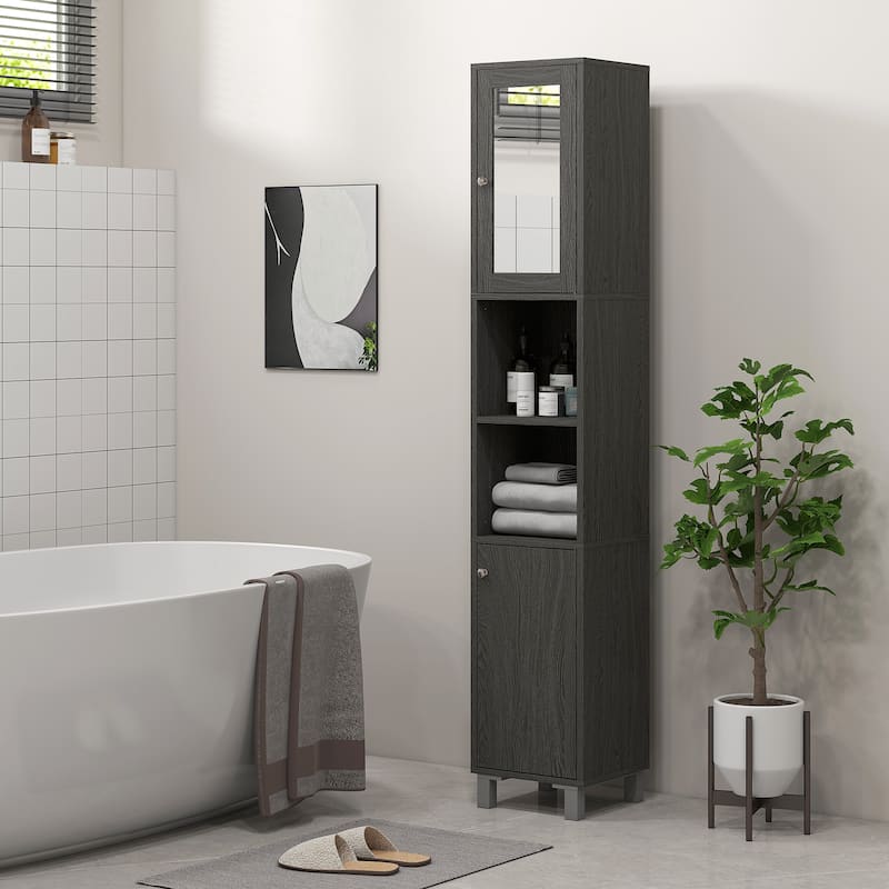 kleankin Tall Bathroom Storage Cabinet with Mirror, Wooden Freestanding Tower Cabinet with Adjustable Shelves for Bathroom - Walnut
