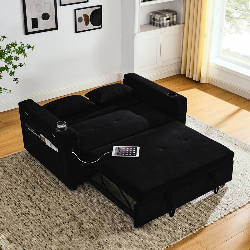 54"W Modern Chenille Sleeper Sofa,Sofa Bed with Storage Armrests and Side Pockets, Adjustable Backrest and Lumbar Pillow